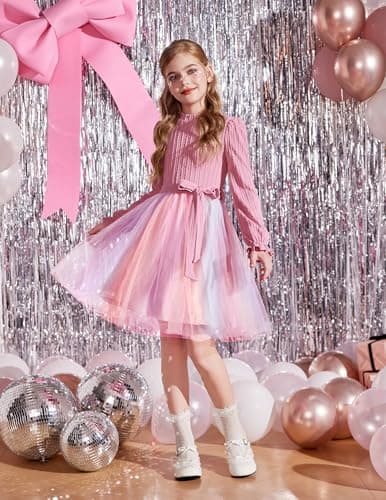 Arshiner Pink Rainbow Fall Spring Tulle Dress for Tween Girl Valentines Party Sweater Tutu Dresses for 12-13 Years