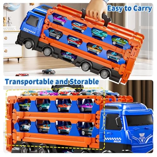GYYCKTD Cars Truck Set Transport Toy for Kids, Race Track Set with 12 Die-Cast Cars, Trucks Playset, 2-Tier Launching Tracks, Carrier Toy for Boys Girls Birthday Gifts for Boys Age