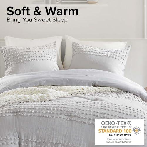 Comfort Spaces Cotton Comforter Set Jacquard Pom-Pom Tufts Design, Down Alternative, All Season Modern Bedding, Matching Shams, Twin/Twin XL, Grey 3 Piece thumbnail 2