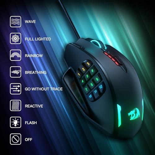 Mouse Gamer Redragon M908 Impact MMO RGB con 12 Botones y 12,400 DPI
