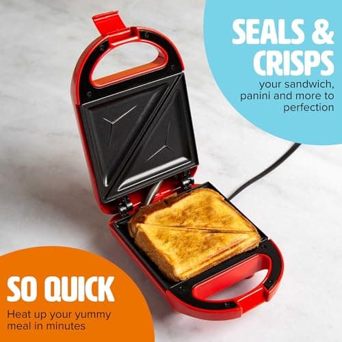 Tasty Mini Sandwich Maker, Makes Sandwiches, Paninis, Grilled Cheese, Desserts, Quick Results, Easy Cleanup, 600W, Red thumbnail 2