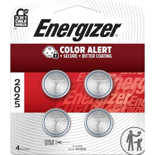 Energizer 2025 Batteries (4 Pack), 3V Lithium Coin Lithium Batteries with 3-in-1 Child Shield