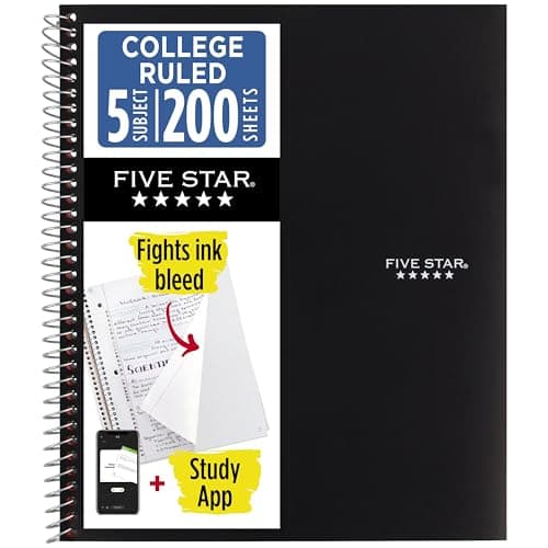 Cuaderno Espiral Five Star + App de Estudio, 5 Materias, Raya, 8.5" x 11", 200 Hojas, Antiderrames de Tinta, Cubierta Impermeable, Negro