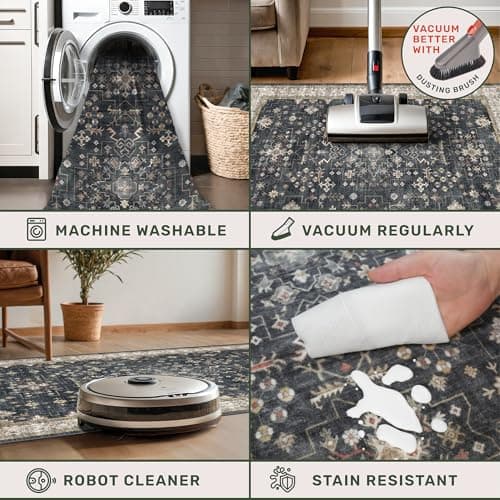 Black Boho Washable 2x6 Runner Rugs for Hallway Kitchen Bedroom Beside Laundry Room Bathroom Rug, Pet & Kids Friendly, Non Slip Low Pile Stain Resistant Soft Foldable Long 24 x 72  thumbnail 4