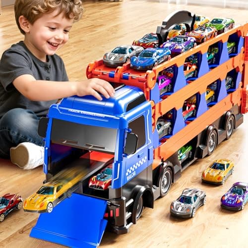 GYYCKTD Cars Truck Set Transport Toy for Kids, Race Track Set with 12 Die-Cast Cars, Trucks Playset, 2-Tier Launching Tracks, Carrier Toy for Boys Girls Birthday Gifts for Boys Age