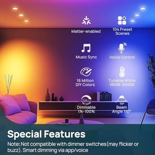 Linkind Matter BR30 Smart Light Bulbs, Alexa/Apple/Google Home, 4 Pack | 1200LM 85W Recessed Smart Flood Light Bulbs, Music Sync & Preset Scenes, E26 RGBTW Color Changing, Tunable White(1800K-6500K)
