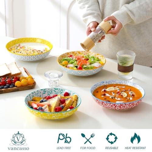 Set de 6 Platos Hondos vancasso 8.5" para Pasta/Ensalada, Porcelana Floral, 40 oz