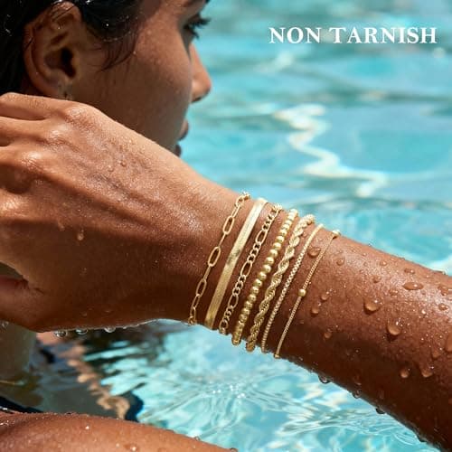 M MOOHAM Pulseras de Oro 14K para Mujer - Set Apilable de 7 Estilos