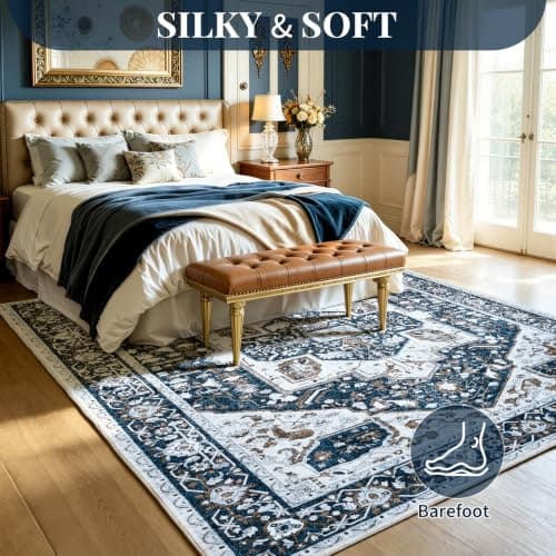 UKISS Washable Rugs Mats，Ultra Soft Faux Wool Memory Foam Rug for Bedroom, 5'x7' Non Slip Large Area Rugs for Living Room ，Low Pile Boho Carpets for Home Office,Blue thumbnail 4