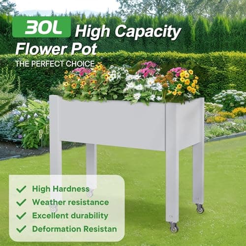 PatioZen Raised Garden Bed with Legs, 28.9" Tall Self-Watering Raised Planter Box with Lockable Wheels, Drainage Plug and Gauge for Vegetables Flowers, Rustproof Resin for Backyard thumbnail 4