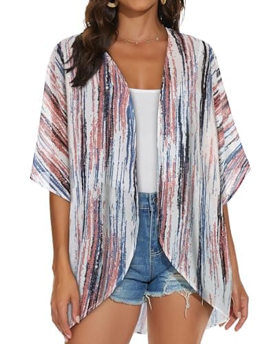 Womens Kimono Cardigans Beach Cover ups Swimwear Puff Sleeve Loose Casual Summer Tops (Tiedye Multi,L) thumbnail 5