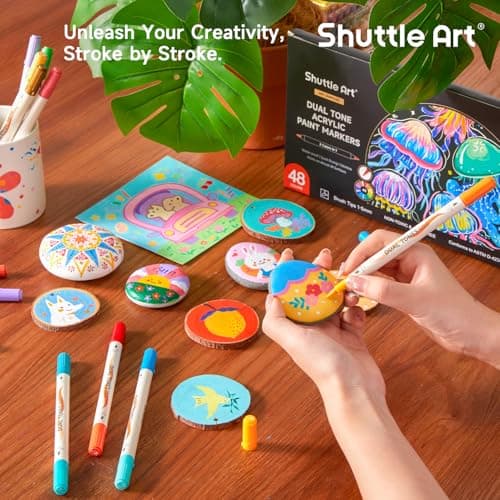 Shuttle Art 48 Colors Dual Tone Acrylic Paint Markers, 24 Pack Acrylic Paint Pens Set for Rock Painting, Ceramic, Wood, Canvas, Glass, Stone, Fabric, Card Making, DIY Crafts & Art 