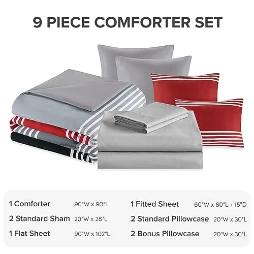 Comfort Spaces Queen Comforter Sets with Sheets - Bed in a Bag 9 Pieces Teen Bedding Sets, Red and Grey Stripes Bedding Queen, College Queen Bed Set with 2 Side Pockets Bedroom Org