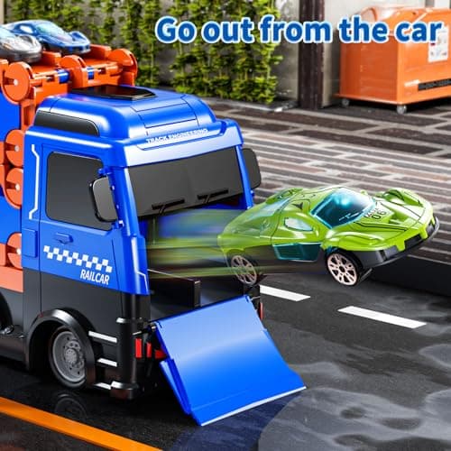 GYYCKTD Cars Truck Set Transport Toy for Kids, Race Track Set with 12 Die-Cast Cars, Trucks Playset, 2-Tier Launching Tracks, Carrier Toy for Boys Girls Birthday Gifts for Boys Age