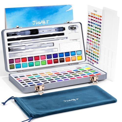 JusArt 108 Colors Watercolor Paint Set,Art Supplies with Metallic Color, Detail Painting Brushes, Water Brush Pens, Portable Travel Watercolor Painting Set for Adult, Artists, Prof