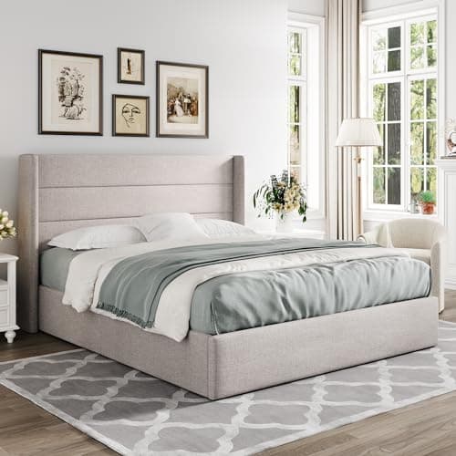 Allewie Queen Size Lift Up Storage Bed, Modern Wingback Headboard, Hydraulic Support, No Box Spring Needed, Light Beige thumbnail 8