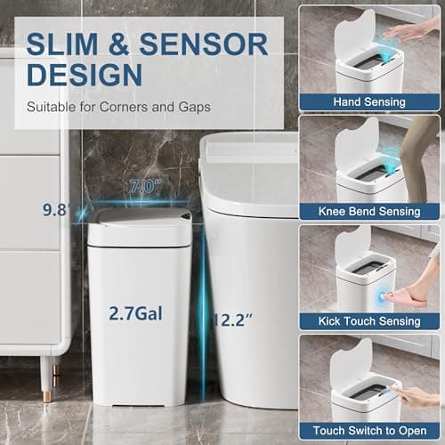 Vanpopubs 2 Pack 2.7 Gal Bathroom Trash Can with Lid, Automatic Trash Can Small Smart Garbage Can Touchless, Slim Motion Sensor Waterproof Plastic Trash Bins for Bedroom Office Kit thumbnail 3