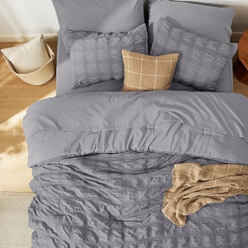 Bedsure Bed in a Bag Queen - 7 Pieces Plaid Seersucker Bedding Comforter Sets, Soft Lightweight Grey Boho Bed Set with Comforters Queen Size, Sheets, Pillowcases & Shams thumbnail 3