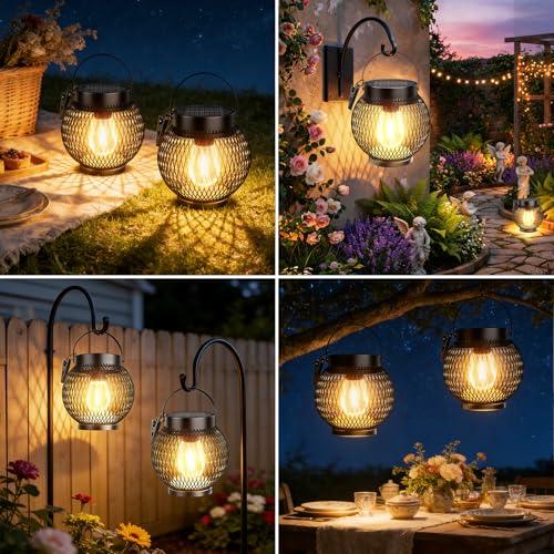Solar Lanterns Outdoor Waterproof, Upgraded Hanging Solar Lights for Outside, Metal Solar Hanging Lanterns with Clip, Solar Powered Lantern for Patio Porch Garden Decor, 2 Pack thumbnail 2