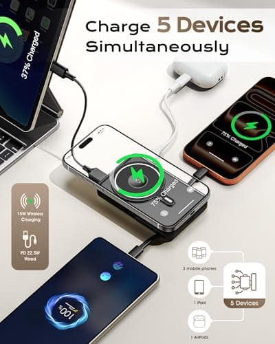Nepagz for Magsafe Portable Charger, 10000mAh Magnetic Power Bank with Foldable Stand, PD 22.5W Fast Charging with USB-C Cable, Wireless Portable Charger for iPhone 17/16/15/14/13/ thumbnail 5