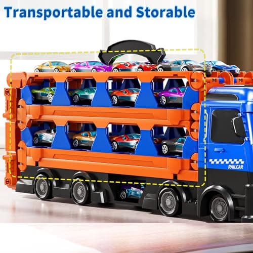 GYYCKTD Cars Truck Set Transport Toy for Kids, Race Track Set with 12 Die-Cast Cars, Trucks Playset, 2-Tier Launching Tracks, Carrier Toy for Boys Girls Birthday Gifts for Boys Age