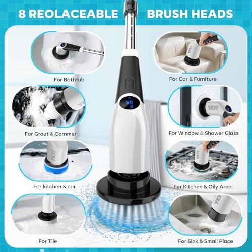 YKYI Electric Spin Scrubber,Cordless Cleaning Brush,Shower Cleaning Brush with 8 Replaceable Brush Heads,Power Scrubber 3 Adjustable Speeds,Adjustable & Detachable Long Handle,Voic
