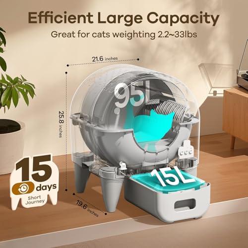 Fumoi Automatic Cat Litter Box Self Cleaning Litter Box Large Capacity for Multiple Cats, App Control with Safety Sensors, Removable Washable Liner,2 Rolls Garbage Bags,Grey