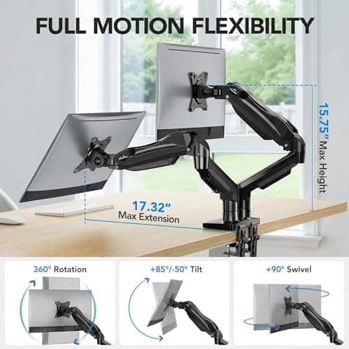 HUANUO FlowLift™ Dual Monitor Stand, Fully Adjustable Gaming Monitor Desk Mount for 13–32″ Computer Screens, Full Motion VESA 75x75/100x100 with C-Clamp & Grommet Base, Each Arm Ho thumbnail 3