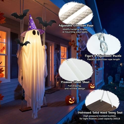 Fantasma colgante gigante de 11 pies con murciélagos y sombrero