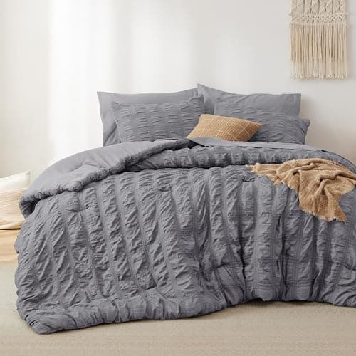 Bedsure Bed in a Bag Queen - 7 Pieces Plaid Seersucker Bedding Comforter Sets, Soft Lightweight Grey Boho Bed Set with Comforters Queen Size, Sheets, Pillowcases & Shams thumbnail 2