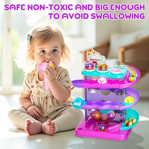 2-in-1 Rolling Ball & Car Ramp Race Track for Toddlers, Hammer Ball Drop Toy for Boys & Girls, Interactive Toys w/Sensor Lights - Montessori STEM Learning Toys - Brithday Gift for 