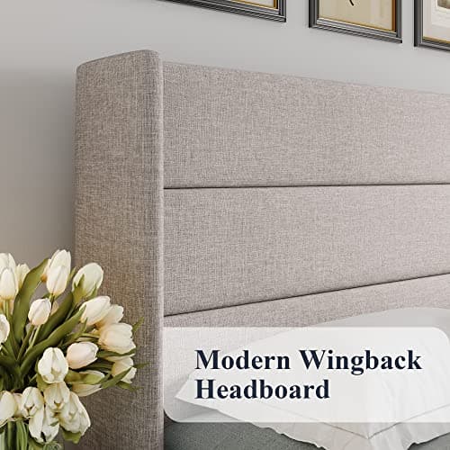 Allewie Queen Size Lift Up Storage Bed, Modern Wingback Headboard, Hydraulic Support, No Box Spring Needed, Light Beige thumbnail 4
