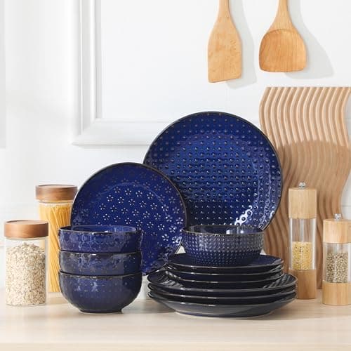 MALACASA 12 Pieces Dinnerware Sets, Modern Plates and Bowls Sets, Blue Dish Set for 4, Kitchen Ceramic Dinner Plates Dishware Set, Microwave and Dishwasher Safe, Series LYDIA thumbnail 9