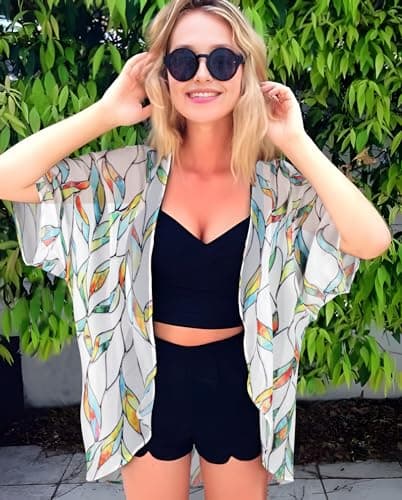 Womens Short Cardigans Casual Cover Up Open Front Kimono Tops Bathings Suit Shawl (White Colorful Leaves,M) thumbnail 3