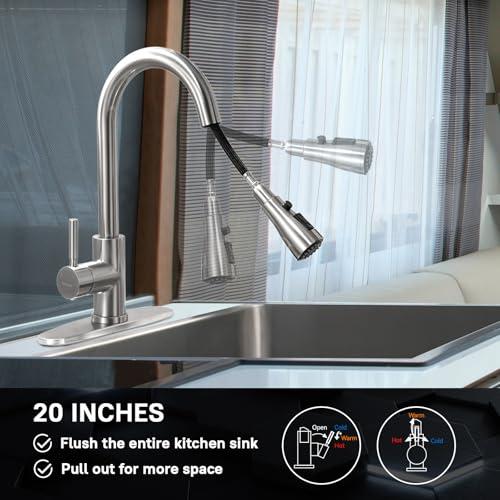 WEWE Single Handle High Arc Brushed Nickel Pull Out Kitchen Faucet,Single Level Stainless Steel Kitchen Sink Faucets with Pull Down Sprayer,Suitable for Laundry Rv Bar thumbnail 7