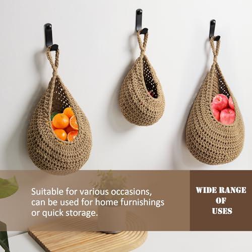Miniatura de MKO SHUN Hanging Fruit Basket Set of 3, Boho Wall Hanging Storage Jute Basket for Organizing & Decor, Handmade Teardrop Hammock Holder for Onion Fruit Vegetable in Home & Restauran 6