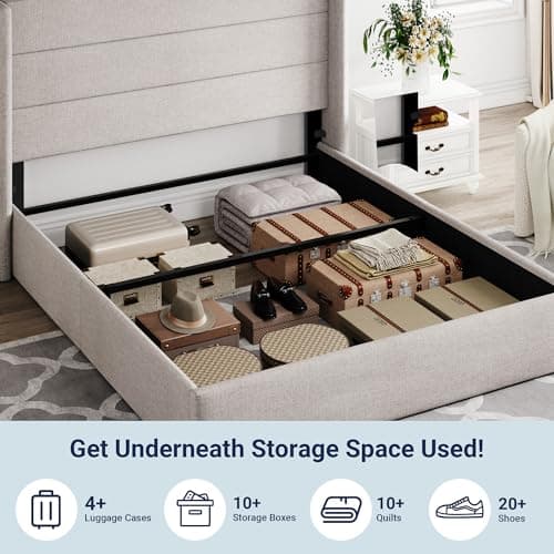 Allewie Queen Size Lift Up Storage Bed, Modern Wingback Headboard, Hydraulic Support, No Box Spring Needed, Light Beige thumbnail 5