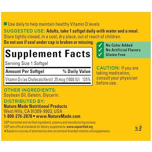 Miniatura de Nature Made Vitamina D3 1000 UI (25 mcg), 180 cápsulas blandas 6