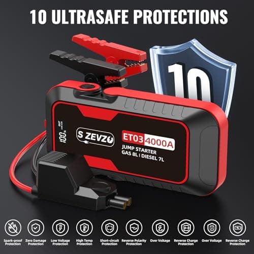 S ZEVZO ET03 Car Jump Starter 4000A Jump Starter Battery Pack for Up to 8.0L Gas and 7.0L Diesel Engines, 74Wh Portable 12V Jump Box with USB Ports, LCD Display, Storage Case, and  thumbnail 5