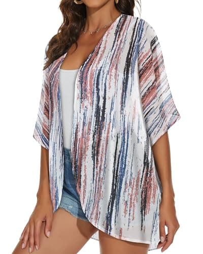 Womens Kimono Cardigans Beach Cover ups Swimwear Puff Sleeve Loose Casual Summer Tops (Tiedye Multi,L) thumbnail 4