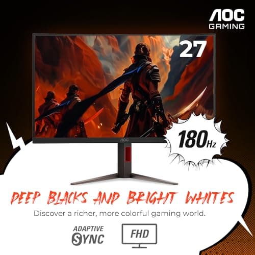 AOC C27G4H 27" Curved Gaming Monitor, FHD 1080p, 180Hz, Adaptive Sync, Height Adjustable, 3-Year Zero Dead Pixel Guarantee, Black, Xbox PS5 Switch Compatible thumbnail 2