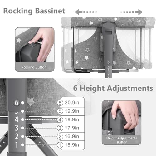 BIUSIKAN 3 in 1 Baby Bassinet, Rocking Bassinet Bedside Sleeper with Comfy Mattress and Breathable Mesh, 6 Height Adjustable & Upgraded Wheels Portable Bedside Crib for Newborn thumbnail 2