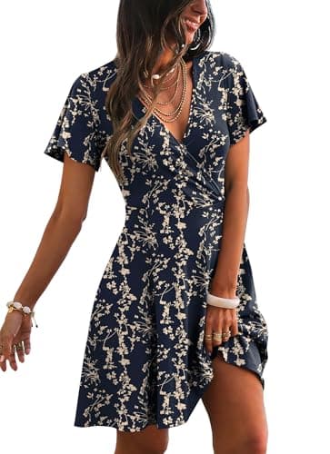 Dresses for Women 2026 Casual Wrap V Neck Knee Length Lightweight Cottagecore Summer Dress Mothers Outfits Floral Navy 03 L