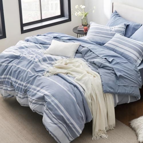 Bedsure Blue Comforter Set, Queen Size Bedding Set, Striped 7 Piece | Bed in a Bag, Bedroom, Plaid, Nautical, Cationic Dyeing, Gift Choice, Whisper-Quiet, OEKO