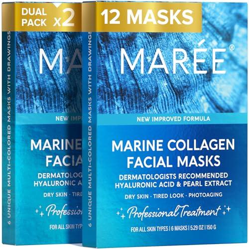 MAREE Collagen Facial Mask with Hyaluronic Acid — Sheet Face Mask Skincare — Centella Asiatica, Green & Red Algae Extract — Hydrating Facemask For Women Skin Care — Mascarillas Par