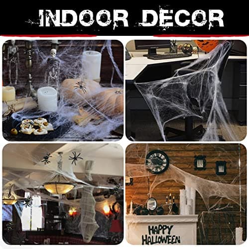 Decoraciones Telarañas Halloween ZPISF 1400 sqft con 150 Arañas Falsas Extra, Súper Elásticas para Interiores y Exteriores