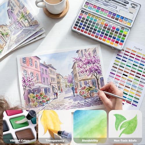 JusArt 108 Colors Watercolor Paint Set,Art Supplies with Metallic Color, Detail Painting Brushes, Water Brush Pens, Portable Travel Watercolor Painting Set for Adult, Artists, Prof thumbnail 6