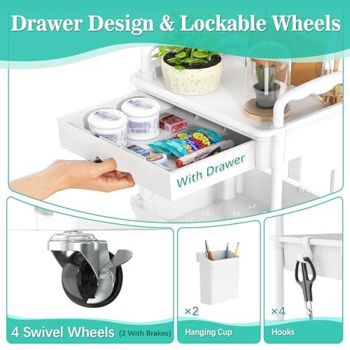 SUNALLY 3 Tier Rolling Cart with Drawer, Bathroom Storage Organizer with 2 Lockable Wheels, Multifunctional Rolling Storage Cart for Bathroom, Kitchen, Office, Craft, Makeup, Baby  thumbnail 3