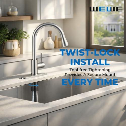 WEWE Single Handle High Arc Brushed Nickel Pull Out Kitchen Faucet,Single Level Stainless Steel Kitchen Sink Faucets with Pull Down Sprayer,Suitable for Laundry Rv Bar thumbnail 8