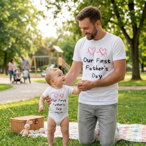 Our First Father’s Day Shirt 2026 – Daddy and Baby Matching T-Shirt – Custom Name Baby Bodysuit & Dad Top Tee thumbnail 6
